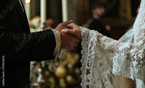 Mariage, la mariée et le marié se tenant par la main pendant la cérémonie des vœux.