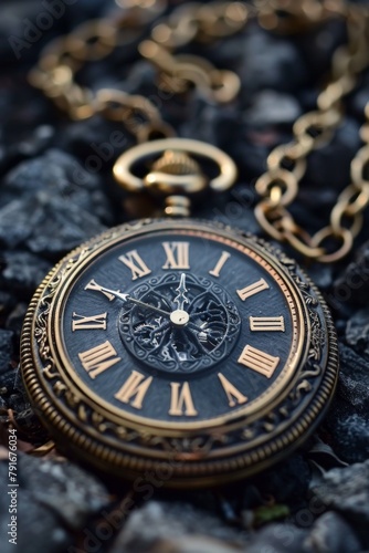 A close up of a pocket watch on the ground with chain, AI