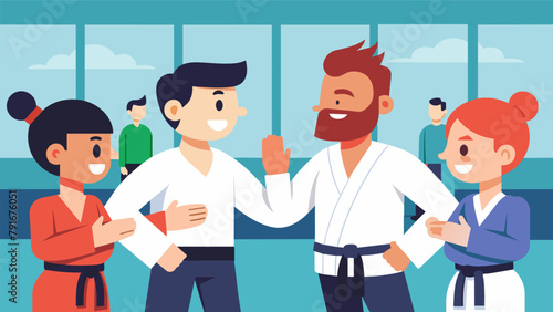 Before each match the martial arts competitors engage in friendly banter and encouraging words promoting a positive and supportive atmosphere.