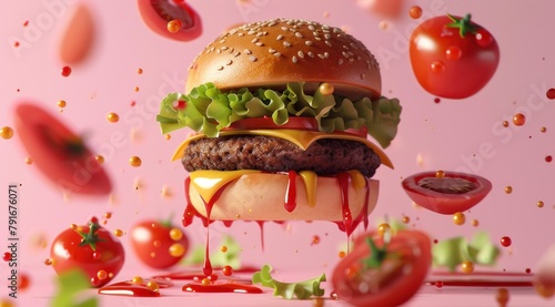 Un hamburger flottant dans les airs, entouré de tomates et divers aliments sur un fond rose. photo