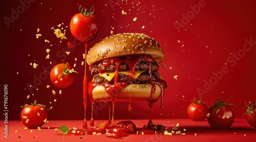 Un gros hamburger suspendu dans les airs, avec du ketchup dégoulinant, arrière-plan rouge.