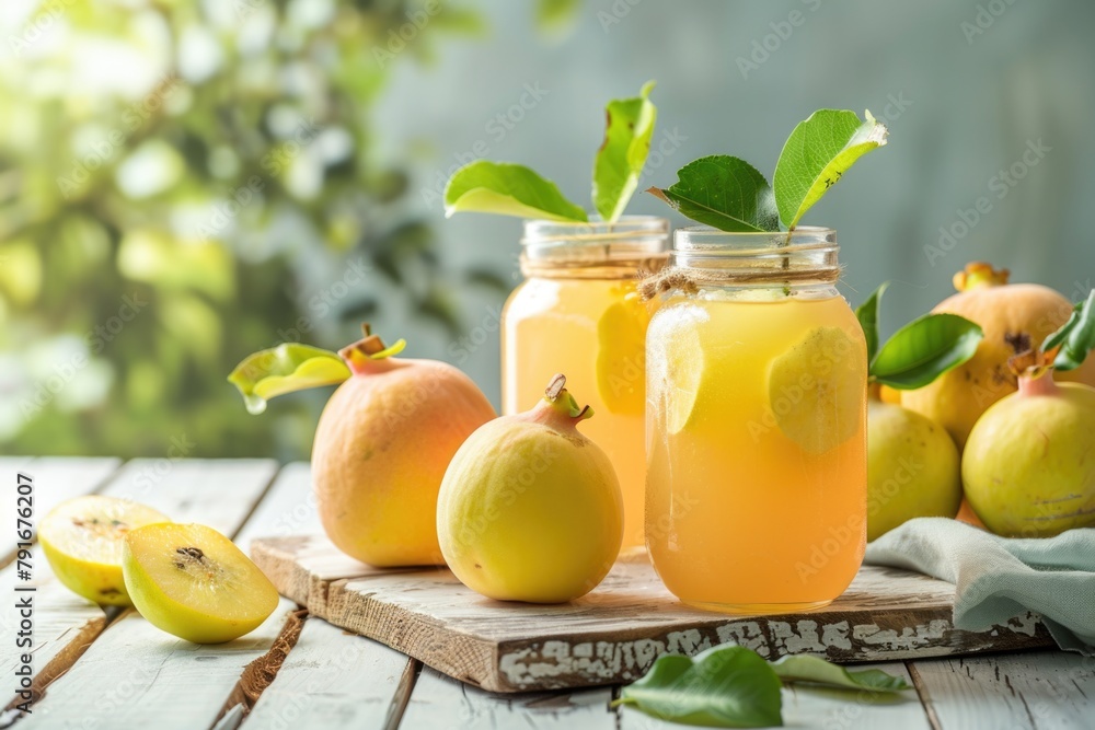 A table with two jars filled with fruit, perfect for food or kitchen-related concepts A table with two jars filled with fruit, perfect for food or kitchen-related concepts