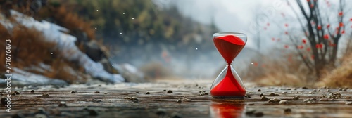 In this striking image, a red hourglass stands out on a wooden surface with a misty autumn road and bare trees in the background, suggesting the concept of passing time photo