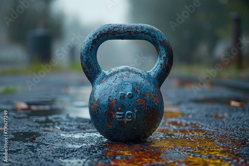A blue kettlebell sits on the wet pavement in the rain.