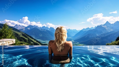 rear view of a girl in a swimsuit in a large pool with no edges against the backdrop of the panoramic mountains.