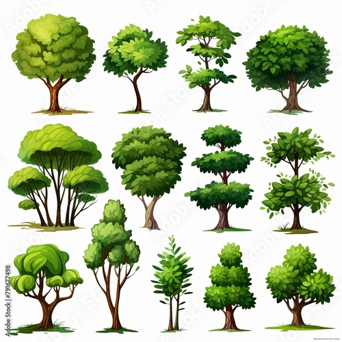 AI generated illustration of green trees and bushes isolated on white