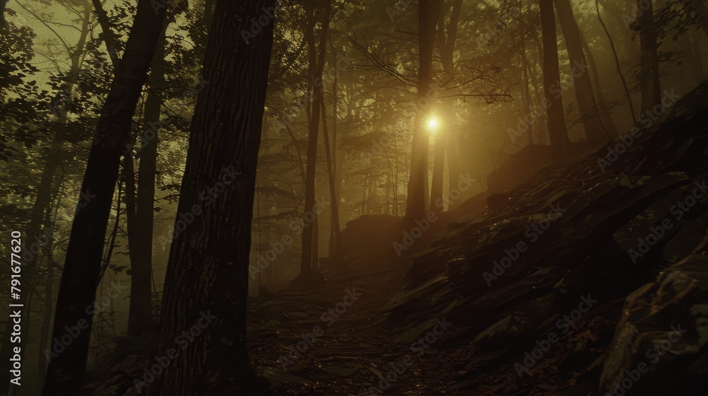 Fototapeta premium Mystical Sunrise in a Foggy Forest with Golden Light