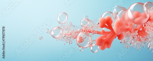 Coral bubble with water droplets on it, representing air and fluidity. Web banner with copy space for photo text or product, blank empty copyspace