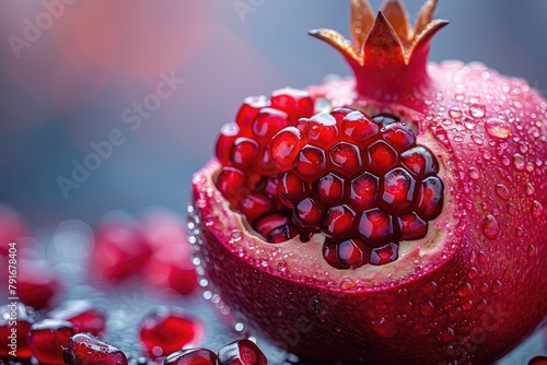 A pomegranate with water drops on a dark blue background. photo