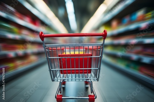 A red shopping cart moving at high speed in the supermarket