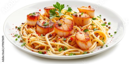 A delicious plate of pasta with fresh scallops and peas. Perfect for food and culinary concepts photo