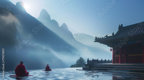 At dawn, monks meditate in a tranquil temple surrounded by mist-shrouded mountains.