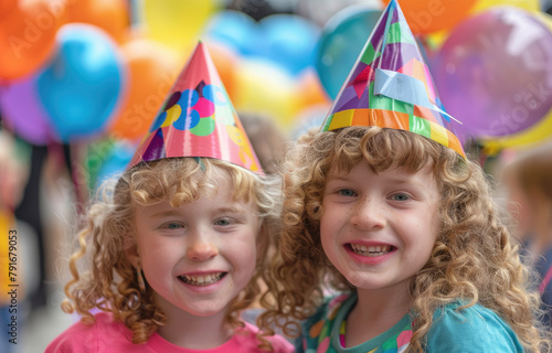 happy girls at birthday party, with balloons and cap on their heads, children's faces in focus, blurred background showing other kids playing games, bright colors of the decorations, capturing joyous