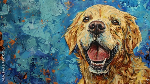 Golden retriever painting with blue backdrop