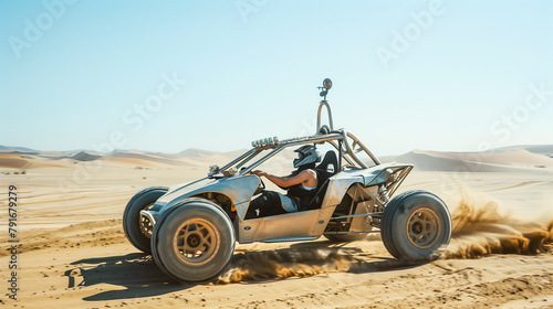 Off-Road Vehicle Speeding Through Desert Terrain. Extreme Motorsports and Off-Road Racing