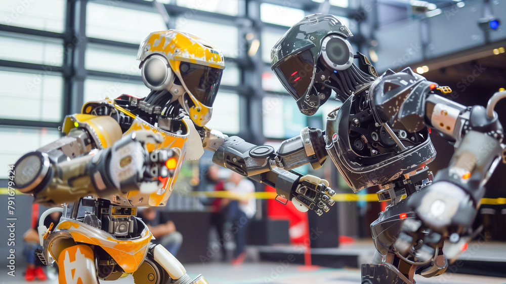 Fototapeta premium Two Fighting Robots on Arena. Robots battle. 