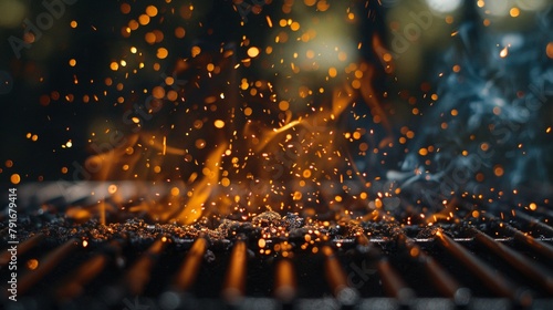Dynamic sparks erupting from a barbecue grill, signaling the start of a delicious outdoor feast. photo