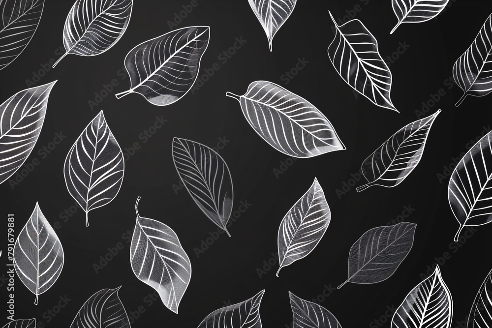 Detailed white leaf drawings on dark background seamless pattern Detailed white leaf drawings on dark background seamless pattern