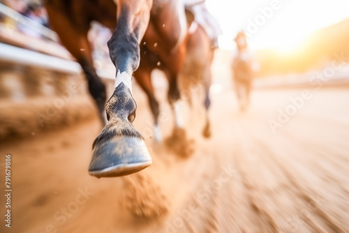 Horse Racing Close-up. Hooves Pounding the Track photo