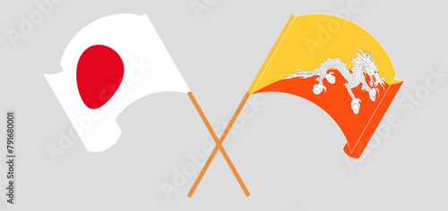 Crossed flags of Japan and Bhutan. Official colors. Correct proportion