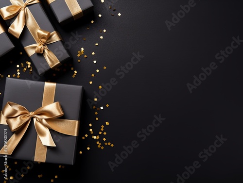 Gift boxes with ribbon on black background, flat lay, banner with copy space for photo text or product, blank empty copyspace