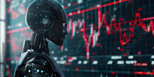 Black robot with artificial intelligence on the background of data display with a financial market graph, copy space