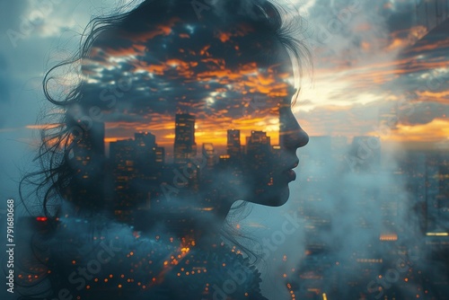 A woman s silhouette in a double exposure  filled with a vibrant cityscape at dusk  wispy smoke rising in the background