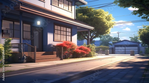 Anime Background of the Street in Front of a House

 photo