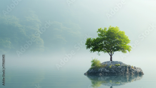 Lonely tree on a small island in a foggy lake. Natural composition.