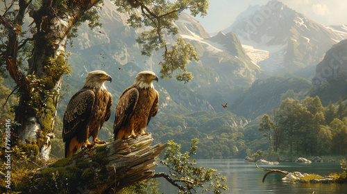 A pair of majestic eagles perched on a tree branch overlooking a lush green landscape, a symbol of freedom and power in this summer scene