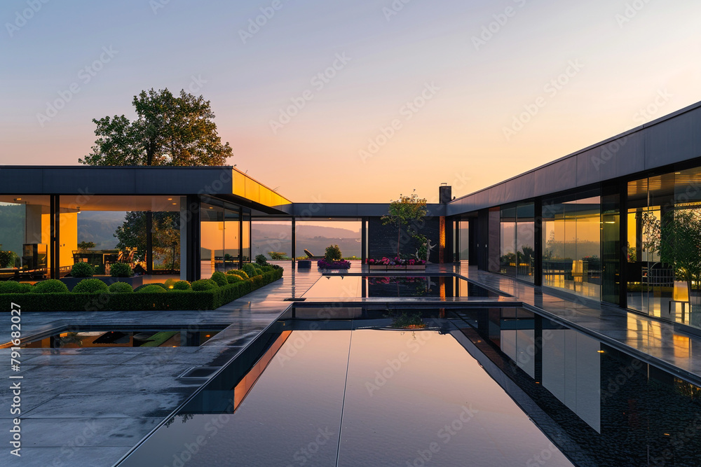 A panoramic view of a sleek, modern house bathed in the soft glow of sunrise, highlighting its geometric architecture and reflective glass windows. The outdoor area reveals a meticulously landscaped