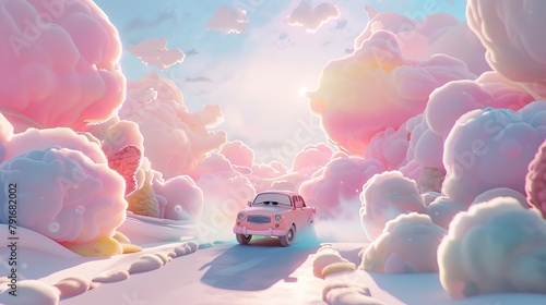 A cute and friendly car character drifting through a whimsical pastel-colored wonderland  AI generated illustration photo