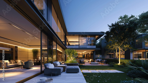 A panoramic view of a modern home in the early evening, with the transition from natural to artificial light showcasing the dynamic design and luxurious outdoor living spaces. © Kinza