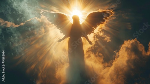 A woman angel is standing in the sky with her wings spread out