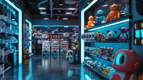 A cute and quirky 3D rendering of a futuristic pet shop filled with robotic animals AI generated illustration
