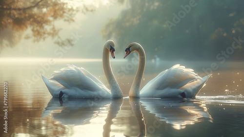 A pair of swans gliding gracefully across a serene lake, their elegant movements a sight to behold in the tranquility of summer