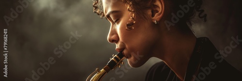 A musician deeply immersed in playing a saxophone, implying passion and dedication photo
