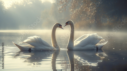 A pair of swans gliding gracefully across a serene lake, their elegant movements a sight to behold in the tranquility of summer