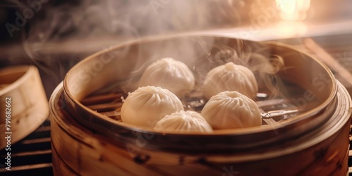 A wooden basket filled with dumplings on a stove. Great for food and cooking concepts