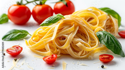 Traditional Italian linguini pasta with tomatoes and basil is isolated on a white background, A set of pasta with tomatoes in different angles, hyperrealistic food photography