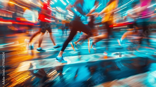 A blurry image of a group of people running on the street, AI