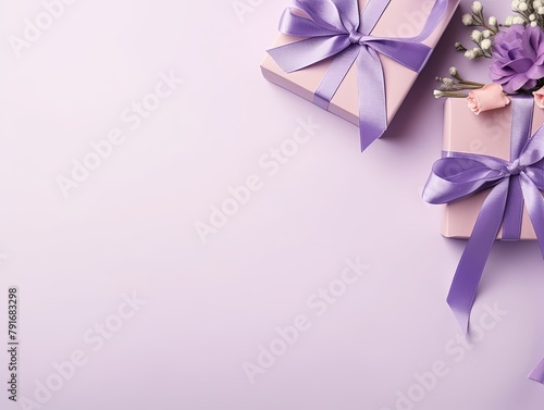 Gift boxes with ribbon on lavender background  flat lay  banner with copy space for photo text or product  blank empty copyspace