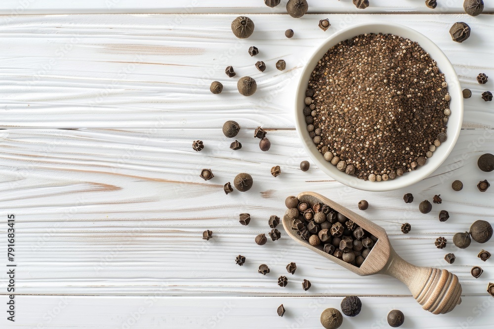 A bowl filled with seeds next to a wooden scoop. Perfect for gardening or healthy eating concepts A bowl filled with seeds next to a wooden scoop. Perfect for gardening or healthy eating concepts