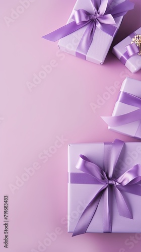 Gift boxes with ribbon on lavender background  flat lay  banner with copy space for photo text or product  blank empty copyspace