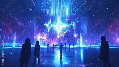 A dreamy scene of a futuristic concert venue with holographic performers and immersive audiovisual experiences AI generated illustration