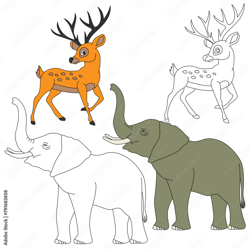 Obraz premium Elephant and Deer. Wild Animals clipart collection for lovers of jungles and wildlife. This set will be a perfect addition to your safari and zoo-themed projects.