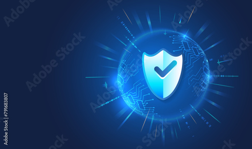 Data security system, information, or network protection. Cyber security and data protection. Shield icon, future technology for verification. Abstract high tech background.
