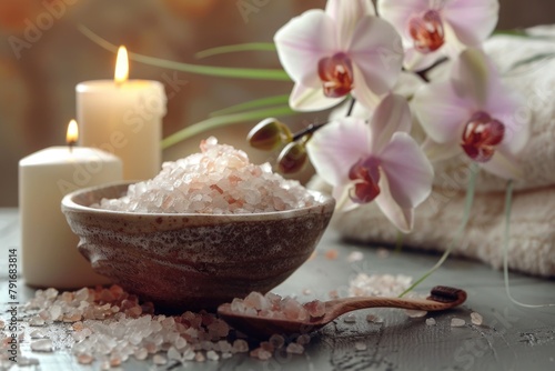 A bowl of sea salt next to a candle. Perfect for spa or relaxation concepts
