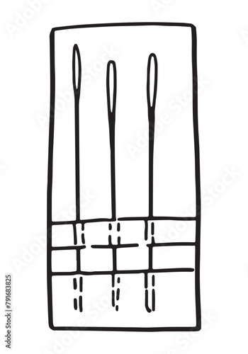 Sketch of set of needles. Tools for sewing work, needlecraft doodle. Outline vector illustration in retro engraving style.