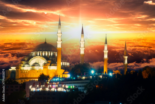 Suleymaniye mosque in Sultanahmet district old town of Istanbul, Turkey, Sunset in Istanbul, Turkey with Suleymaniye Mosque, Beautiful sunny view of Istanbul with old mosque in Istanbul, Turkiye. photo